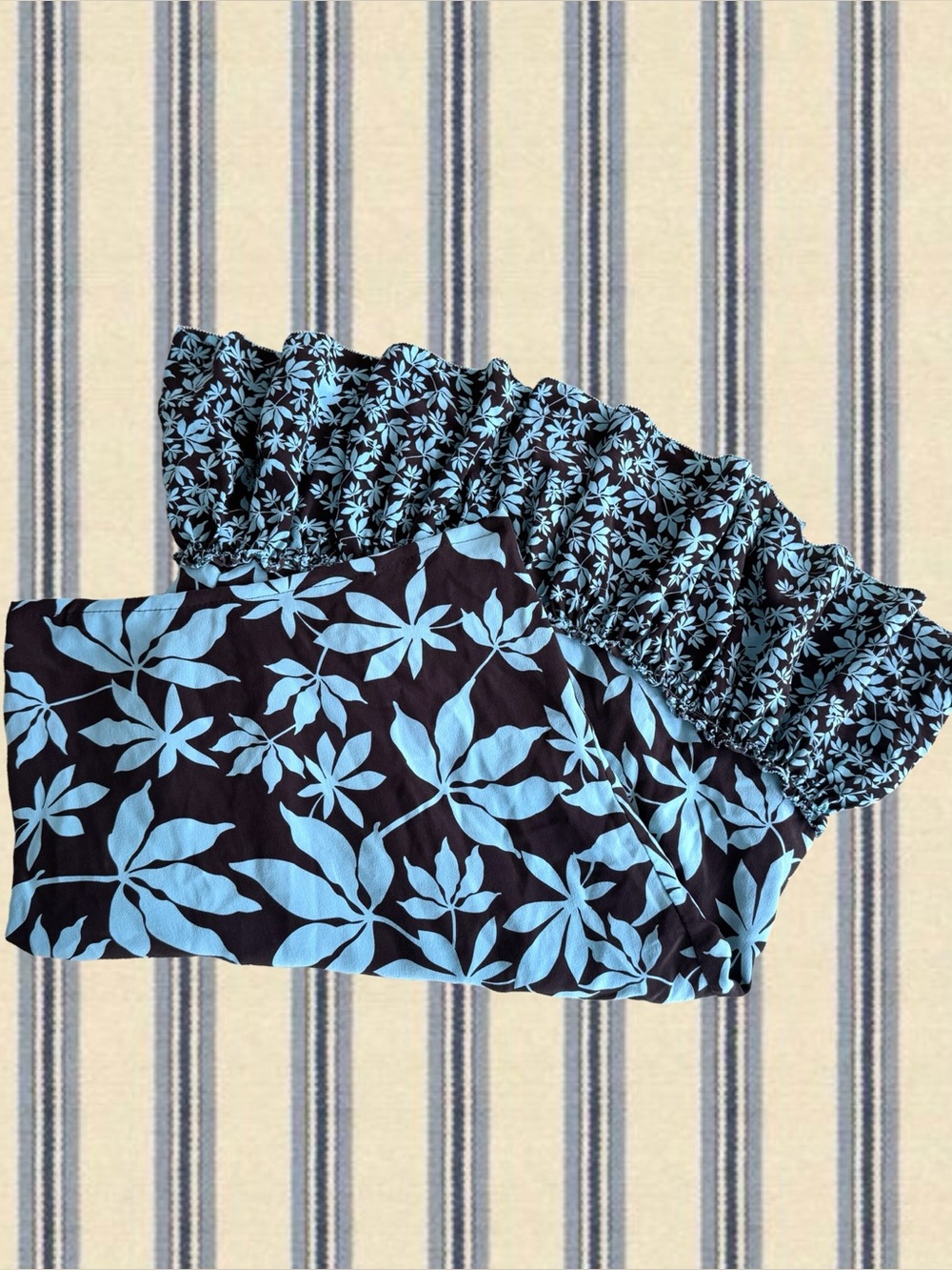 Blue and Brown Leaf Print Midi Skirt with Ruffles